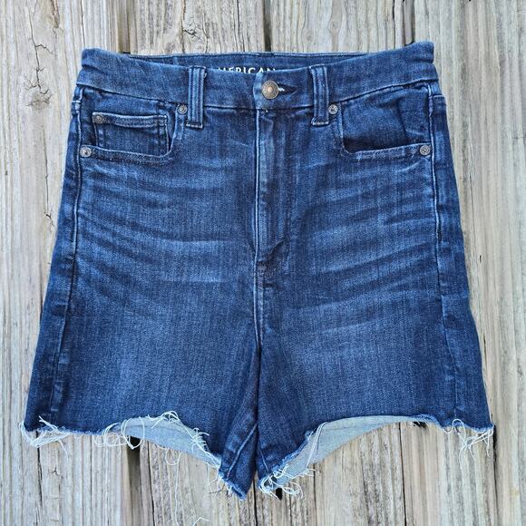 Super Hi-Rise Denim Shorts AEO Size 6 Curvy Shortie Dark Stretch Jean Cutoffs - Picture 1 of 6